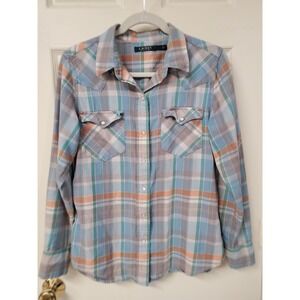 LAUREN Ralph Lauren Women Plaid Western Snap Button Long Sleeve Shirt Size L